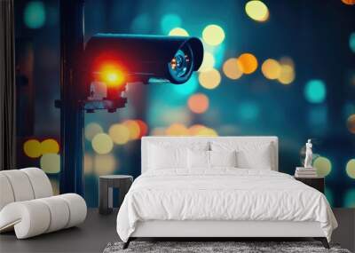 CCTV and security camera system functioning for property protection featuring a blurred street traffic light at night with a vintage color tone illustrating surveillance technology concepts Wall mural