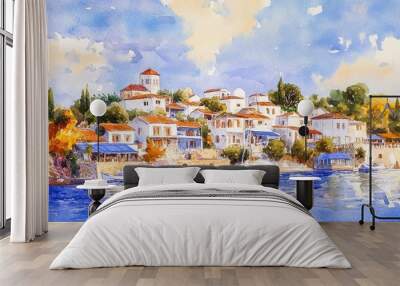 Charming Coastal Village in Serene Watercolor: A Mediterranean Escape Captured in Art Wall mural