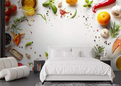 Cooking theme with ingredients on white background for tasty dishes Wall mural