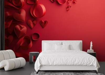 Craft paper hearts and ribbon on red background for Valentine s Day Wall mural