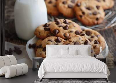 Delicious Chocolate Chip Cookies Displayed with Milk Bottle Wall mural