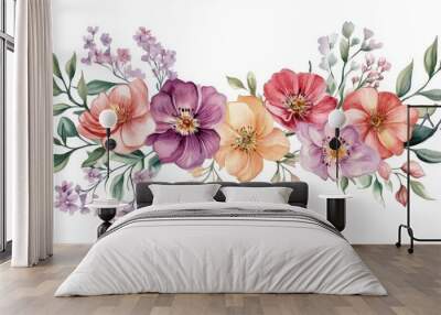 Elegant Watercolor Floral Arrangement with Colorful Blooms and Lush Greenery Wall mural