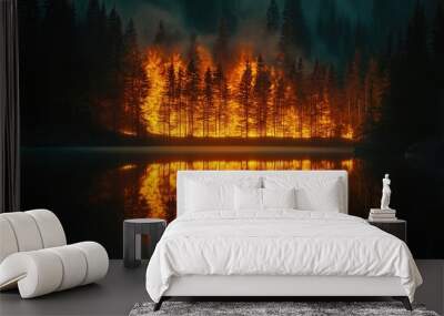 Nighttime forest fire reflection on a serene lake Wall mural