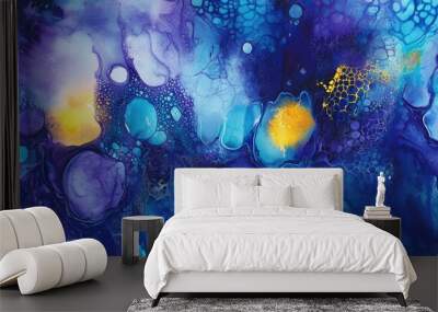 Surreal watercolor illustration featuring vibrant alcohol ink with a futuristic disco theme Handmade image with indigo retro backdrop and traditional blue ornament showcasing a web concept with yel Wall mural