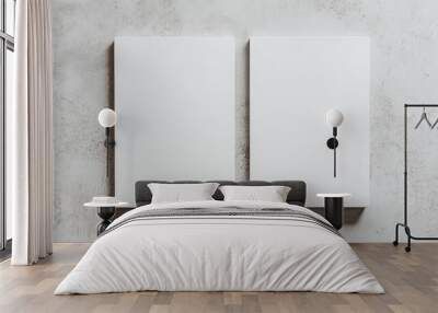 Two blank white rectangular poster mockups stacked with soft shadows on a neutral light gray concrete surface Flat lay perspective Wall mural