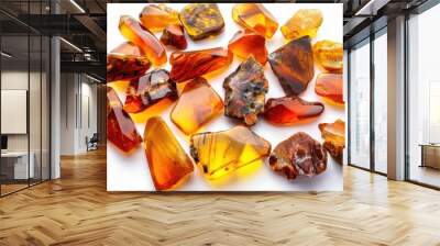 Variety of amber pieces with diverse shapes and colors on white background unique sun stone ancient fossilized resin tree fragments as jewelry material Science of crystal Wall mural