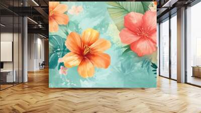 Vibrant Tropical Flower Illustration with Lush Greenery for Nature Lovers Wall mural