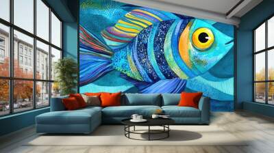 Vibrantly colored fish with yellow eye Bold contrasting hues Shades of blue and turquoise Wavy striped design Hand drawn watercolor artwork Wall mural