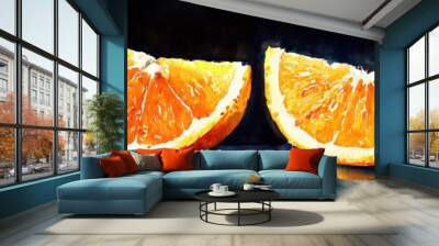 Watercolor and Oil Paint Illustration Two vibrant slices of orange with peel against a dark backdrop Wall mural