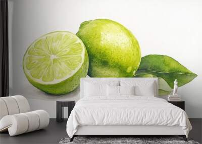 Watercolor artwork depicting a ripe juicy lime and a lime slice showcasing this tropical fruit as vegetarian cuisine set against a white background Wall mural