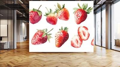 Watercolor collection featuring various styles of strawberries both individually and as a cohesive group Wall mural