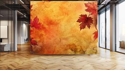 Watercolor depiction of autumn leaves on a textured background Wall mural