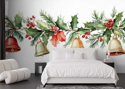 Watercolor garland featuring Christmas bells and holiday decorations Hand painted traditional bells adorned with holly mistletoe and pine branches set against a white background Suitable for desig Wall mural