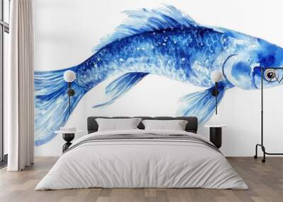 Watercolor illustration of a beautiful blue koi fish on a white background hand drawn Wall mural