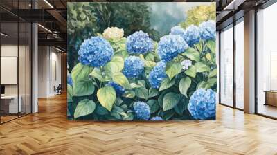 Watercolor illustration of a beautiful hydrangea flower bush in a garden Wall mural