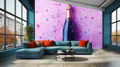 Watercolor illustration of a champagne bottle surrounded by confetti on a violet background suitable for celebrations such as birthdays weddings or holidays Flat lay composition Wall mural