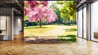 Watercolor illustration of a digital oil painting depicting a spring landscape in a park Fine art Wall mural