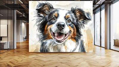 Watercolor illustration of a playful smiling fluffy Collie dog Marker drawing style Doodle art Quick sketching Animal themed background Hand drawn pet depiction Painted backdrop Wall mural