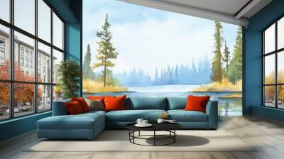 Watercolor illustration of a serene landscape featuring pine trees and a lake Wall mural