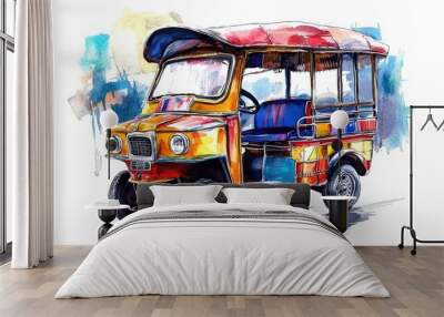 Watercolor illustration of a Tuk Tuk car in a fine art style Wall mural