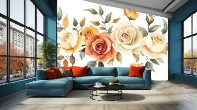 Watercolor illustration of a vibrant floral arrangement featuring cream and orange roses on a white background Suitable for greeting cards and postcards Wall mural