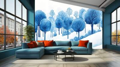 Watercolor illustration of a winter woodland scene in a cartoon style featuring blue trees and snow ideal for holiday designs Wall mural