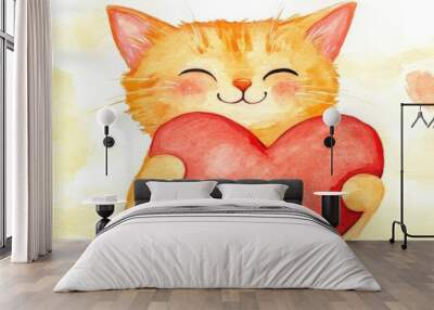 Watercolor illustration of an adorable orange cat with a heart in a cartoon style Wall mural