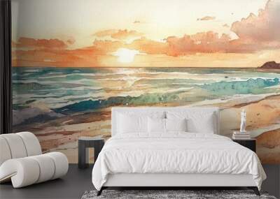 Watercolor illustration of an evening over a tranquil sea and glistening sand Wall mural