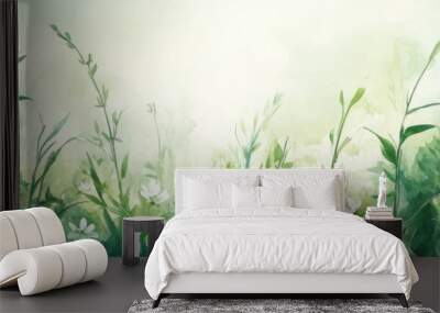 Watercolor illustration of beautiful green nature and white flowers in the morning Wall mural