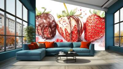 Watercolor illustration of chocolate covered strawberries with heart elements featuring summer fruits and sweet treats for celebrations Wall mural