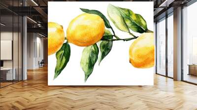 Watercolor illustration of hand drawn lemons on a branch with green leaves set against a white background Suitable for textiles cards prints and fabric Wall mural