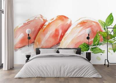 Watercolor illustration of raw chicken breast fillets on a white background Wall mural