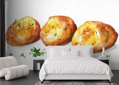 Watercolor illustration of Swedish baked potatoes on a white background Ideal for menus and cookbooks Wall mural