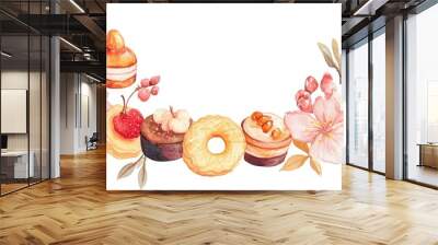 Watercolor illustration of traditional Japanese sweets arranged in a spring themed wreath with cherry blossoms Isolated on a white background Suitable for invitations menu designs greeting cards a Wall mural