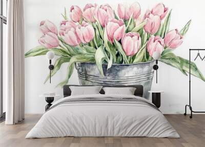 Watercolor spring flowers featuring pink tulip bouquets in a rustic galvanized iron bucket suitable for Easter and Mother s Day greetings Wall mural