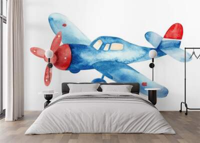 Watercolor transportation illustration featuring a charming airplane design hand drawn clip art ideal for children s parties Blue and red airplane theme suitable for nursery decor textiles fabrics Wall mural