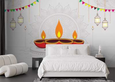 Illustration of happy diwali with clay diya and decorated flag on white backgtound. Generative ai. Wall mural