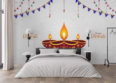 Illustration of happy diwali with clay diya and decorated flag on white backgtound. Generative ai. Wall mural