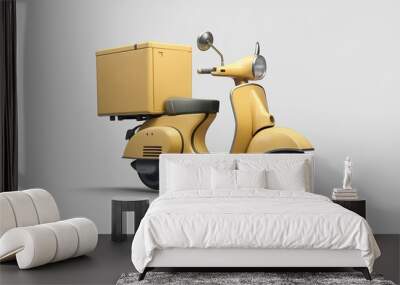 Picture of lemom colour scooty with a big delivery bag on white background. Generative ai. Wall mural