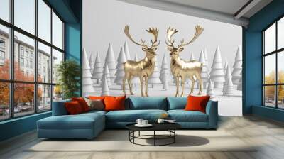 picture of two golden deer with cone standing marbles on white background. Generative ai. Wall mural