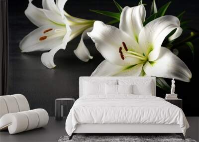 Picture of white lily flower with petals and leaves on black background. Generative ai. Wall mural