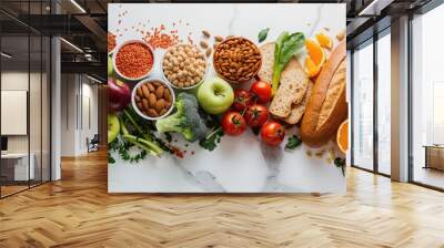 Showcase of dry fruits abd green vegetables with pulses and almomd on white background. Generative ai. Wall mural