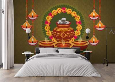 The image depicts a pot filled with gold coins surrounded by diyas and a floral wreath, with the text 