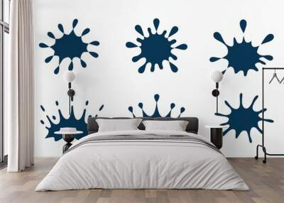 The image shows a collection of six blue ink blots and three crowns. generative ai Wall mural