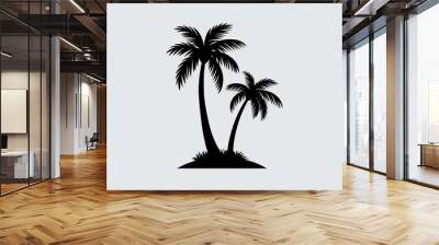 The image shows two palm trees standing side by side on a small island. generative ai Wall mural