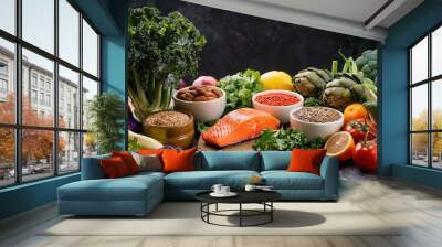 Various fruits, vegetables, grains, and protein sources, each offering unique health benefits. generative ai Wall mural