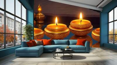  Diwali festival of lights tradition Diya oil lamps against dark background Wall mural