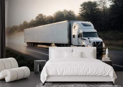  Modern white commercial truck with a blank white trailer driving on a highway in the American heartland.
 Wall mural