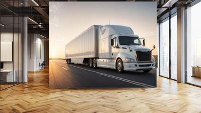  Modern white commercial truck with a blank white trailer driving on a highway in the American heartland.
 Wall mural