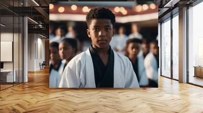  Portrait of a black American  karate child in kimono, blurry background. Wall mural